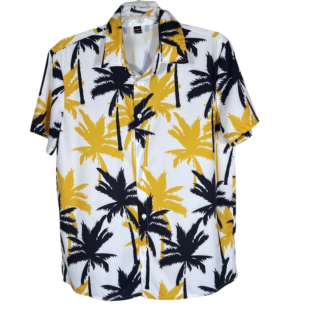 Manfinity Mens Large Palm Tree Print‎ Short Sleeve Button Up Shirt Yellow White